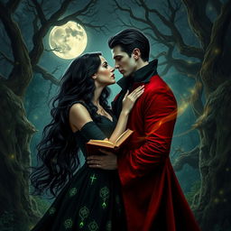 A mesmerizing scene capturing a witch and a vampire king in a passionate embrace beneath a full moon in a lush, enchanted forest