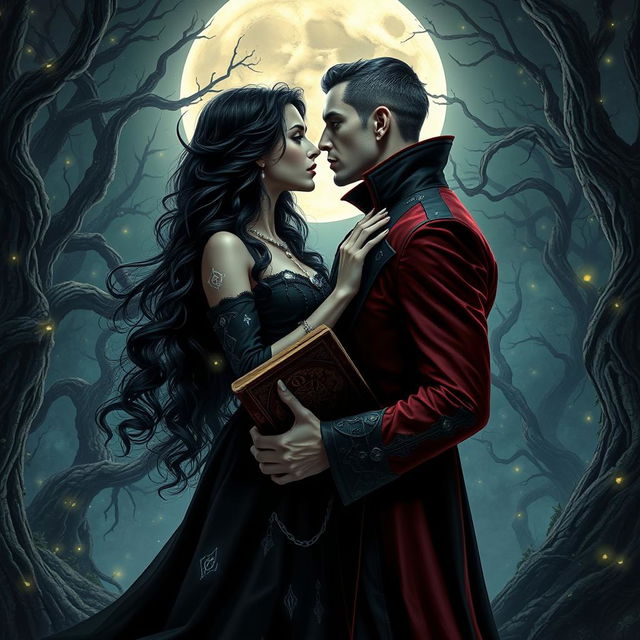 A mesmerizing scene capturing a witch and a vampire king in a passionate embrace beneath a full moon in a lush, enchanted forest