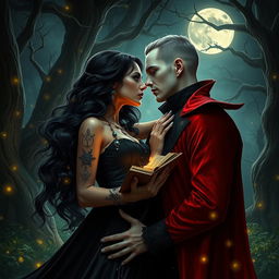 A mesmerizing scene capturing a witch and a vampire king in a passionate embrace beneath a full moon in a lush, enchanted forest