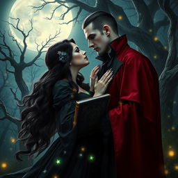 A mesmerizing scene capturing a witch and a vampire king in a passionate embrace beneath a full moon in a lush, enchanted forest