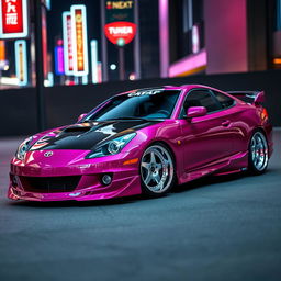 A striking 2001 Toyota Celica GTS featuring a glossy dark pink body that gleams in the light, paired with a sleek black carbon fiber hood that adds a touch of sophistication