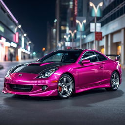 A striking 2001 Toyota Celica GTS featuring a glossy dark pink body that gleams in the light, paired with a sleek black carbon fiber hood that adds a touch of sophistication