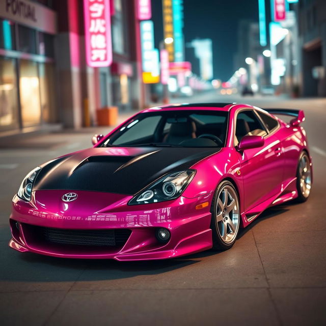 A striking 2001 Toyota Celica GTS featuring a glossy dark pink body that gleams in the light, paired with a sleek black carbon fiber hood that adds a touch of sophistication