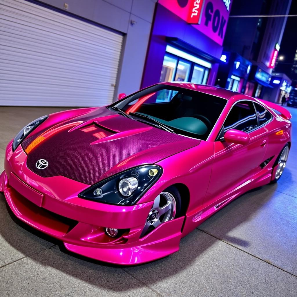 A striking 2001 Toyota Celica GTS featuring a glossy dark pink body that gleams in the light, paired with a sleek black carbon fiber hood that adds a touch of sophistication