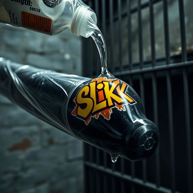 A close-up image of a huge black baseball bat wrapped in clear plastic, with a large lube container labeled with a vibrant "SLiKK" graffiti logo