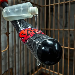 A close-up image of a huge black baseball bat wrapped in clear plastic, with a large lube container labeled with a vibrant "SLiKK" graffiti logo