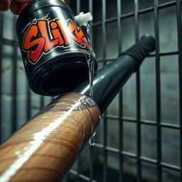 A close-up image of a huge black baseball bat wrapped in clear plastic, with a large lube container labeled with a vibrant "SLiKK" graffiti logo