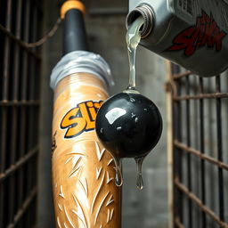A close-up image of a huge black baseball bat wrapped in clear plastic, with a large lube container labeled with a vibrant "SLiKK" graffiti logo