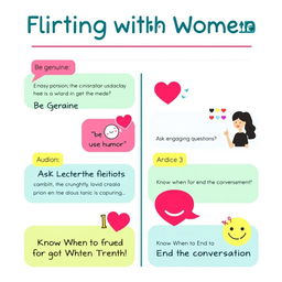 A creative and engaging infographic illustrating effective tips and tricks for flirting with women through messages