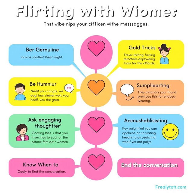 A creative and engaging infographic illustrating effective tips and tricks for flirting with women through messages