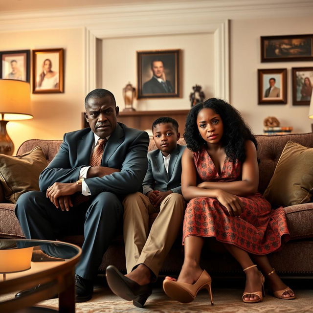 An angry black president and his equally angry black wife sitting side by side, displaying strong emotions, in an upscale living room setting that portrays the dynamics of a dramedy