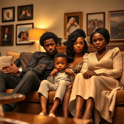 An angry black president and his equally angry black wife sitting side by side, displaying strong emotions, in an upscale living room setting that portrays the dynamics of a dramedy