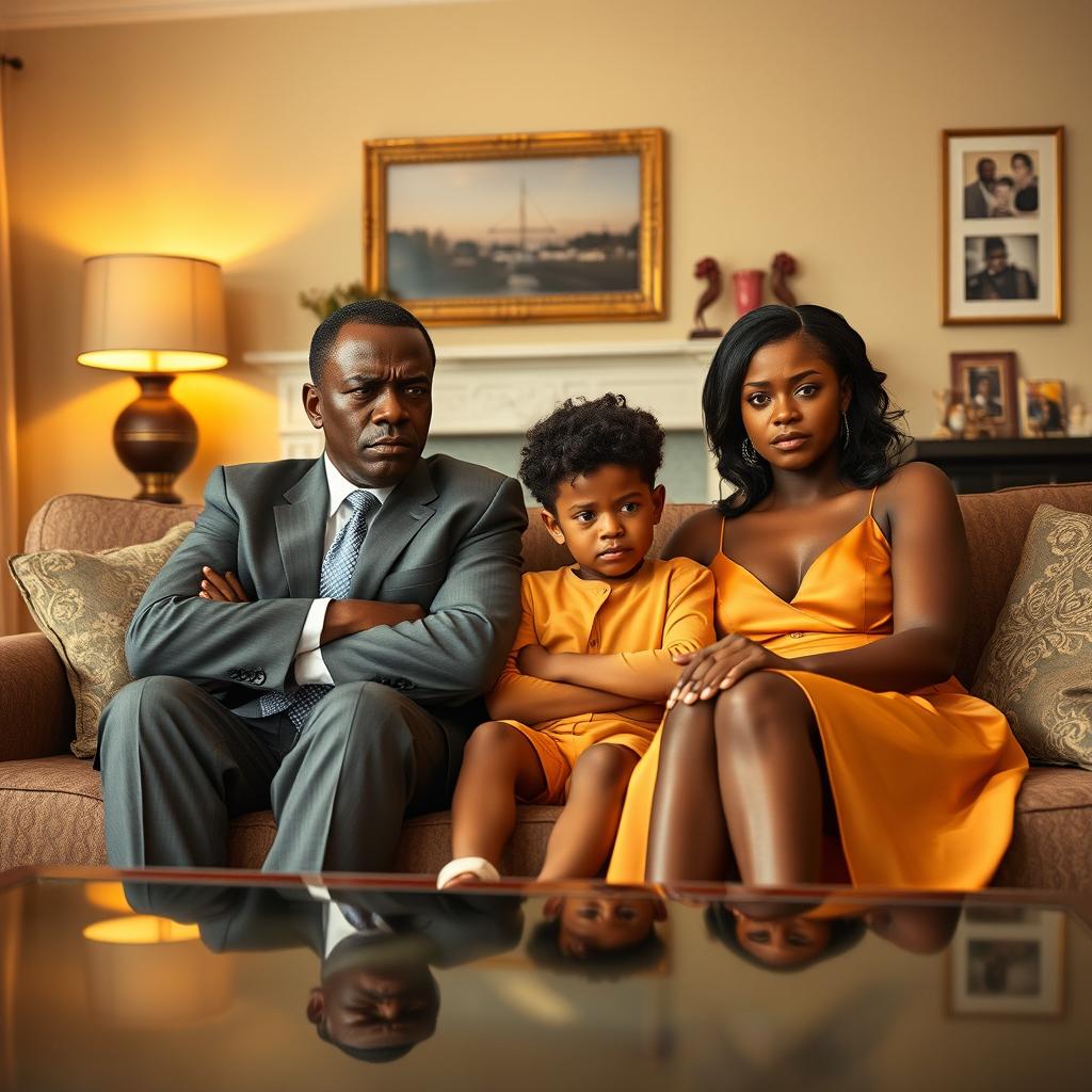 An angry black president and his equally angry black wife sitting side by side, displaying strong emotions, in an upscale living room setting that portrays the dynamics of a dramedy