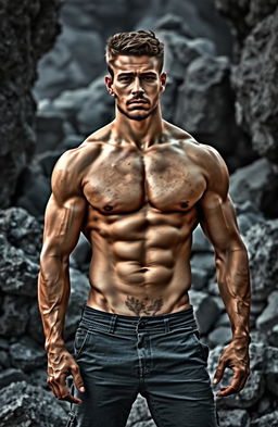 A handsome man with a six-pack physique standing confidently amidst a dramatic backdrop of crumbling rocks and boulders