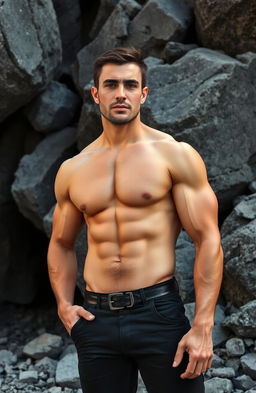 A handsome man with a six-pack physique standing confidently amidst a dramatic backdrop of crumbling rocks and boulders