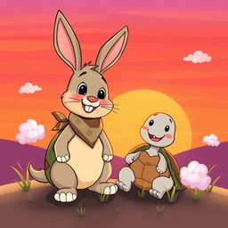 A whimsical cartoon scene featuring a cute rabbit and a quirky turtle enjoying a vibrant sunset