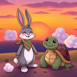 A whimsical cartoon scene featuring a cute rabbit and a quirky turtle enjoying a vibrant sunset
