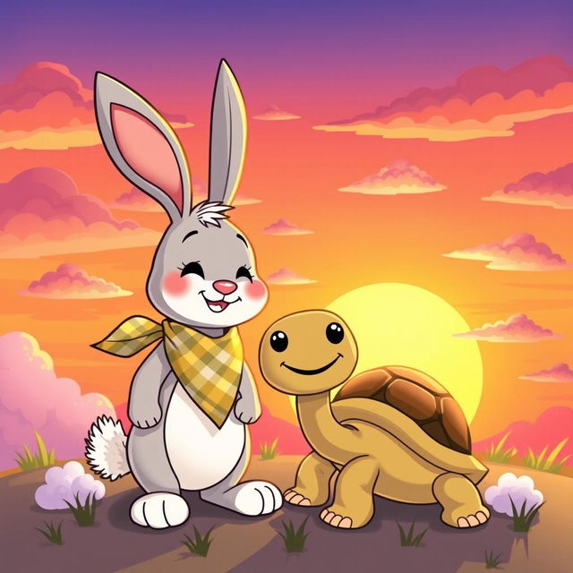 A whimsical cartoon scene featuring a cute rabbit and a quirky turtle enjoying a vibrant sunset