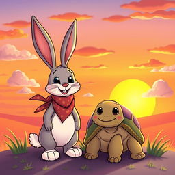 A whimsical cartoon scene featuring a cute rabbit and a quirky turtle enjoying a vibrant sunset