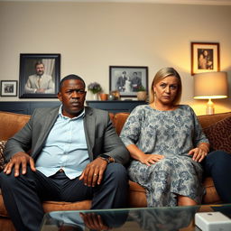 An angry black president and his equally angry black wife sitting side by side, both displaying intense emotions in a stylish living room