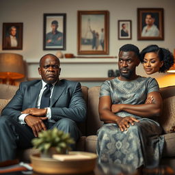 An angry black president and his equally angry black wife sitting side by side, both displaying intense emotions in a stylish living room