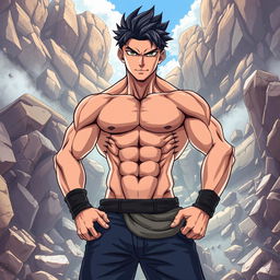 An anime-style depiction of a handsome man with a six-pack physique, standing confidently in front of a backdrop of crumbling rocks and boulders