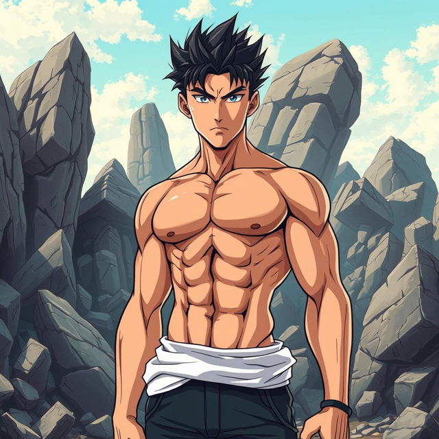 An anime-style depiction of a handsome man with a six-pack physique, standing confidently in front of a backdrop of crumbling rocks and boulders