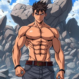 An anime-style depiction of a handsome man with a six-pack physique, standing confidently in front of a backdrop of crumbling rocks and boulders