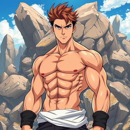 An anime-style depiction of a handsome man with a six-pack physique, standing confidently in front of a backdrop of crumbling rocks and boulders