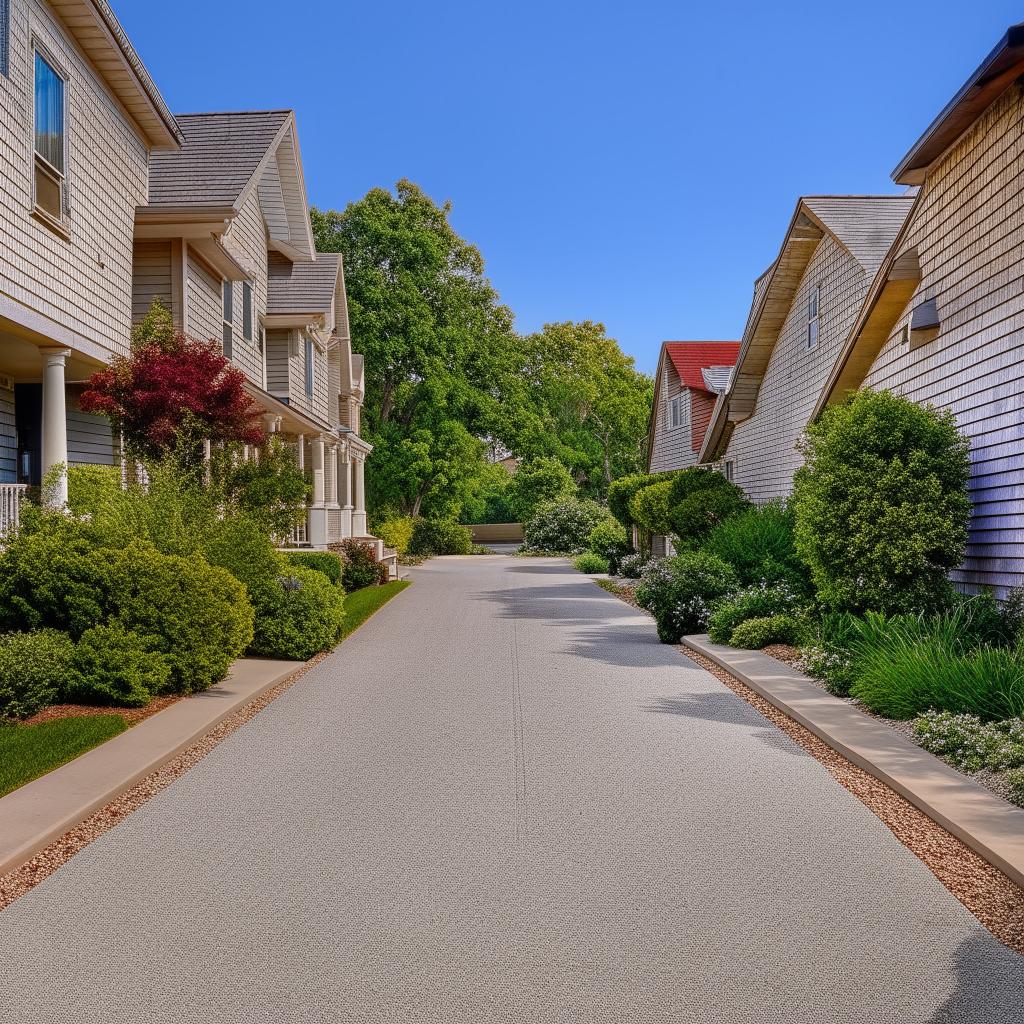 A smoothly paved driveway seamlessly connecting to a charming neighborhood street, lined with well-maintained houses.