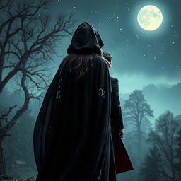 An enchanting scene capturing a witch in a flowing dark cloak standing facing away from the viewer, overlooking a misty forest landscape, while the vampire king stands behind her, also facing backward