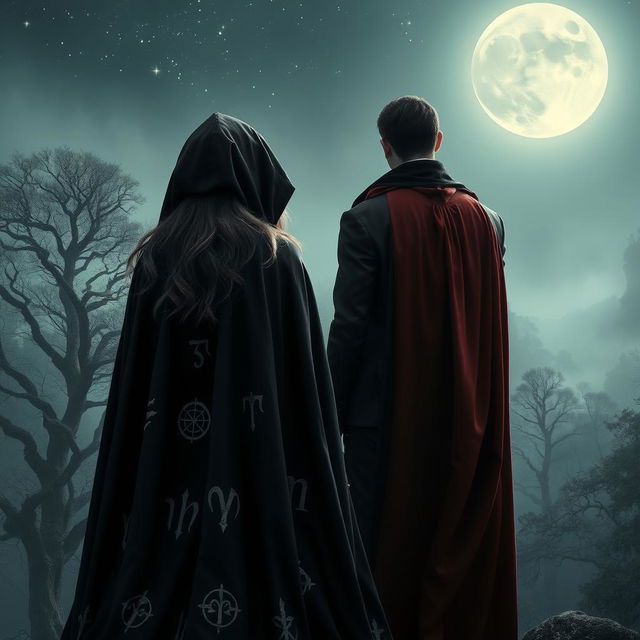 An enchanting scene capturing a witch in a flowing dark cloak standing facing away from the viewer, overlooking a misty forest landscape, while the vampire king stands behind her, also facing backward