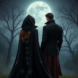 An enchanting scene capturing a witch in a flowing dark cloak standing facing away from the viewer, overlooking a misty forest landscape, while the vampire king stands behind her, also facing backward