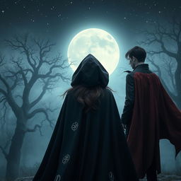 An enchanting scene capturing a witch in a flowing dark cloak standing facing away from the viewer, overlooking a misty forest landscape, while the vampire king stands behind her, also facing backward