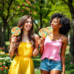A vibrant and colorful image of two cheerful ladies, both in their mid-20s, enjoying lollipops in a sunny park