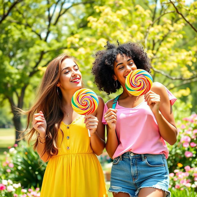 A vibrant and colorful image of two cheerful ladies, both in their mid-20s, enjoying lollipops in a sunny park