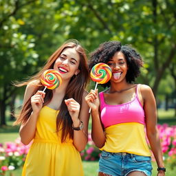 A vibrant and colorful image of two cheerful ladies, both in their mid-20s, enjoying lollipops in a sunny park