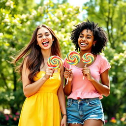 A vibrant and colorful image of two cheerful ladies, both in their mid-20s, enjoying lollipops in a sunny park