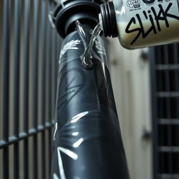 A close-up view of a huge black baseball bat wrapped in clear plastic
