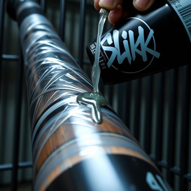 A close-up view of a huge black baseball bat wrapped in clear plastic