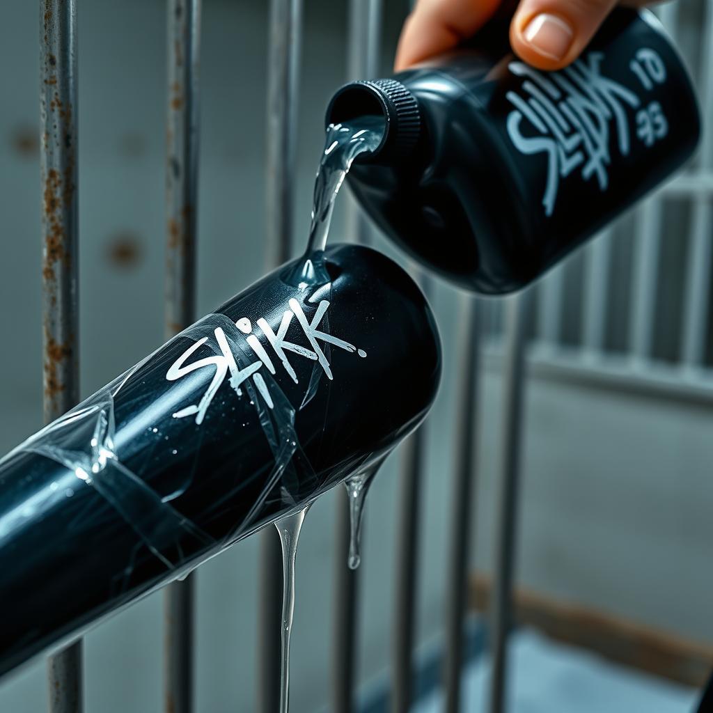 A close-up view of a huge black baseball bat wrapped in clear plastic