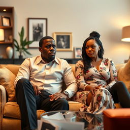 An angry black president and his equally angry black wife sitting side by side in an elegantly furnished room, both showing intense emotions that capture the essence of a dramedy