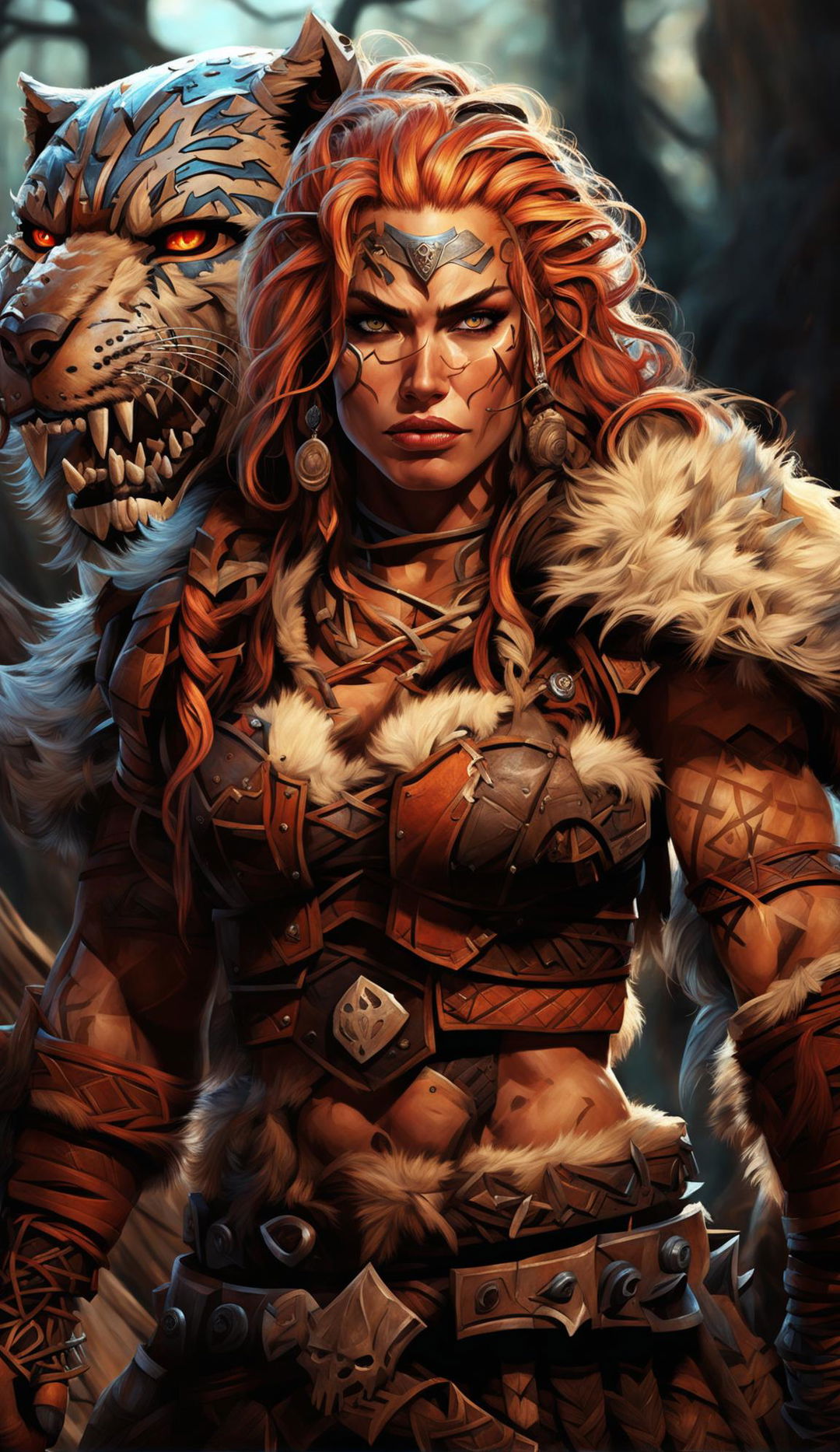 HD digital art portrait of an intense woman barbarian from Dungeons and Dragons. She has fiery red hair, ice-blue eyes, tribal tattoos on her arms, and wields a double-headed axe. She wears leather and fur armor with a dire wolf pelt hood.