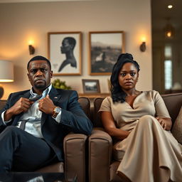 An angry black president and his equally angry black wife sitting side by side in an elegantly furnished room, both showing intense emotions that capture the essence of a dramedy