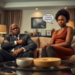 An angry black president and his equally angry black wife sitting side by side in an elegantly furnished room, both showing intense emotions that capture the essence of a dramedy