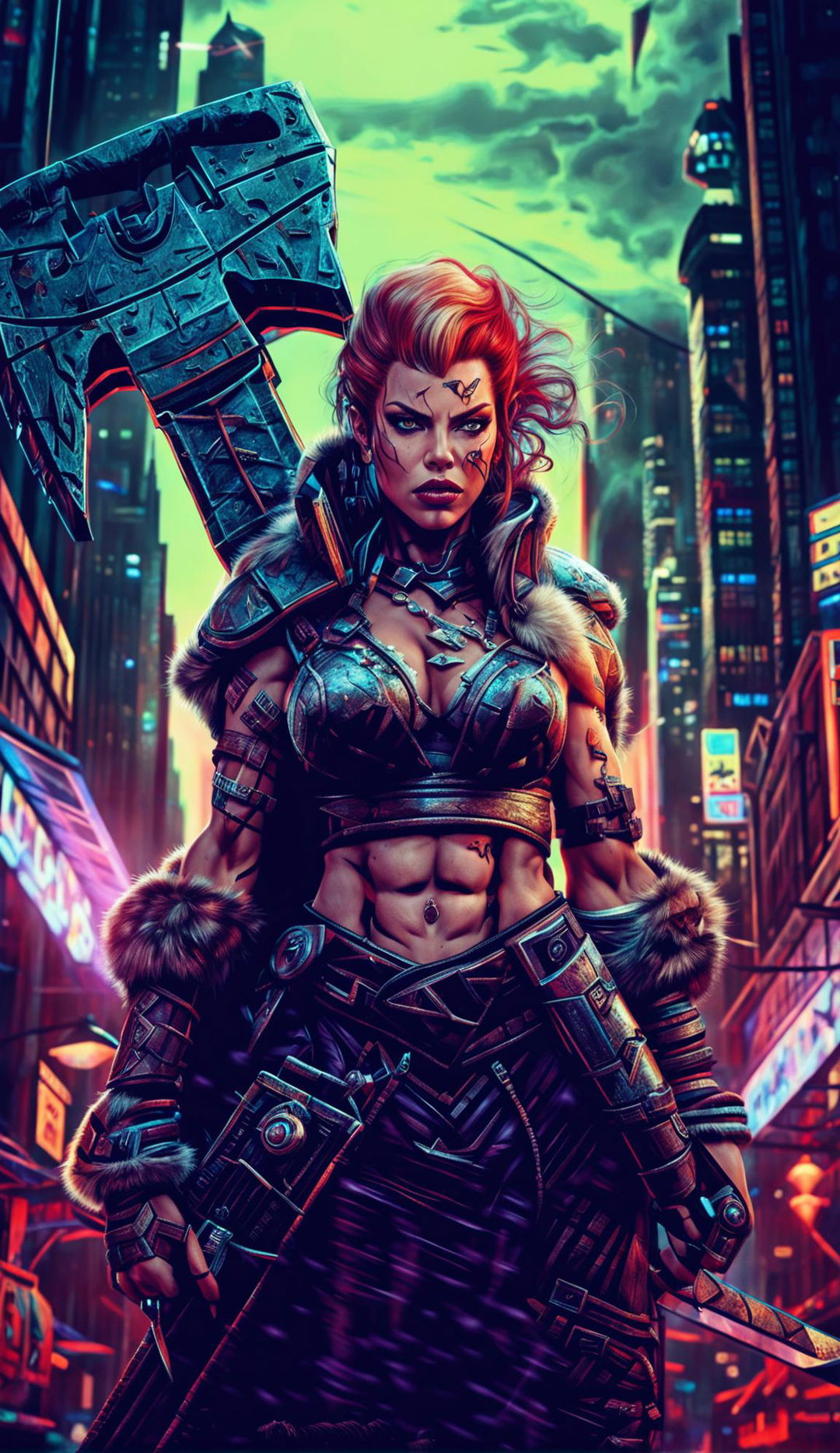 HD digital art portrait of a muscular woman barbarian in retro-scifi cityscape, wielding an energy-infused axe with an intense expression.