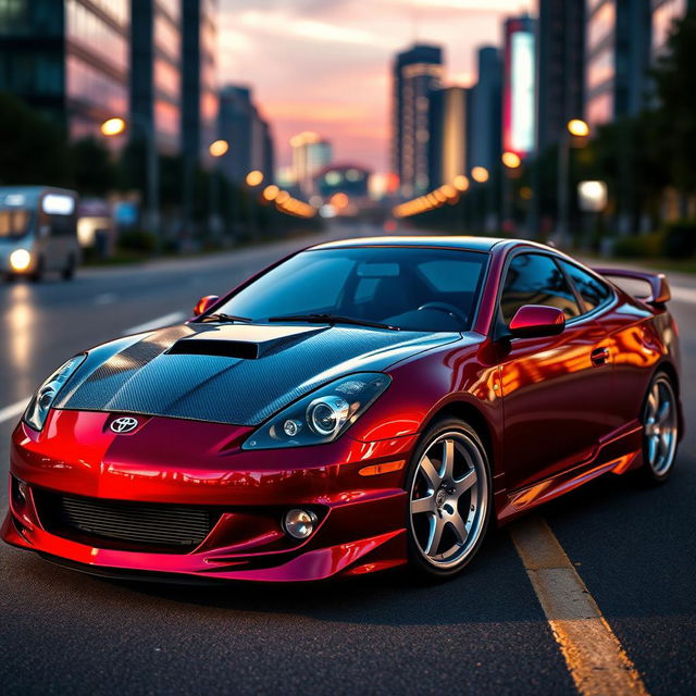 An impressive 2001 Toyota Celica GTS featuring a stunning metallic dark red body that reflects light beautifully, combined with a sleek black carbon fiber hood that adds a sporty touch