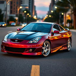 An impressive 2001 Toyota Celica GTS featuring a stunning metallic dark red body that reflects light beautifully, combined with a sleek black carbon fiber hood that adds a sporty touch