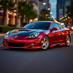 An impressive 2001 Toyota Celica GTS featuring a stunning metallic dark red body that reflects light beautifully, combined with a sleek black carbon fiber hood that adds a sporty touch