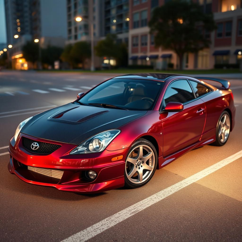 An impressive 2001 Toyota Celica GTS featuring a stunning metallic dark red body that reflects light beautifully, combined with a sleek black carbon fiber hood that adds a sporty touch